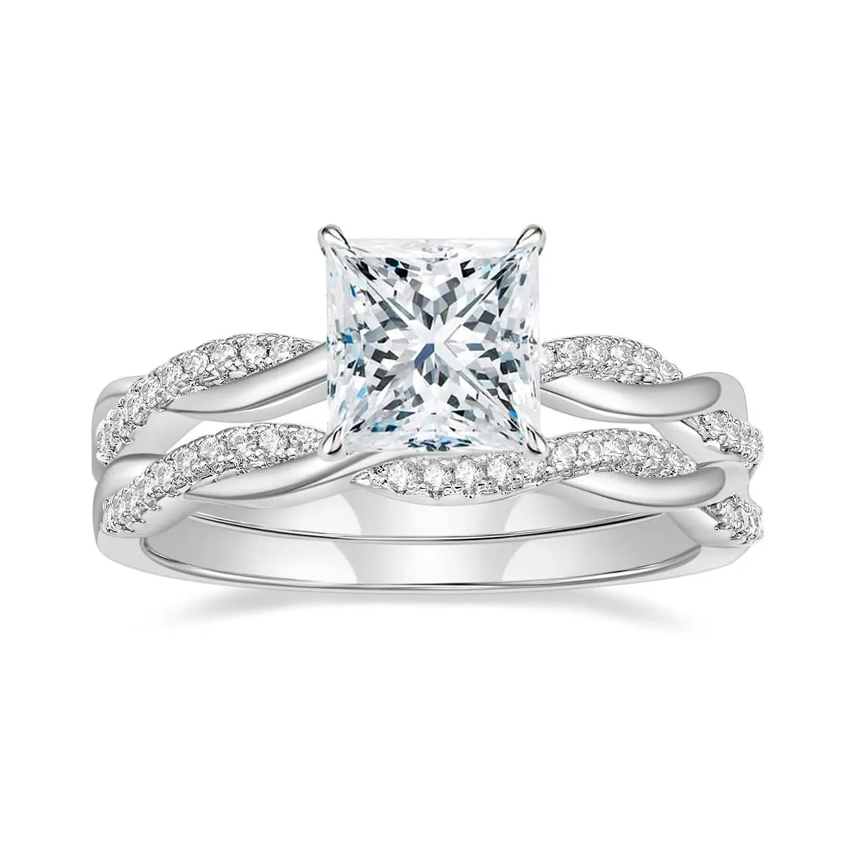 EAMTI 2ct Wedding Band for Women Princess Cut Bridal Ring Sets Cubic Zirconia Promise Engagement Rings Twisting Infinity Pave Set