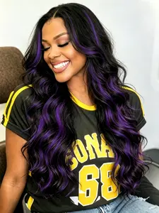 Black Purple Highlight Wig 13x4 Lace Front Wig Body Wave Synthetic Wig Skunk Stripe Highlight HD Transparent Lace Frontal Wig Free Parting Pre-Plucked Natural Hairline Heat-Resistant Fiber for Women Daily Wear Music Festival 28 Inches Pre Plucked Wigs