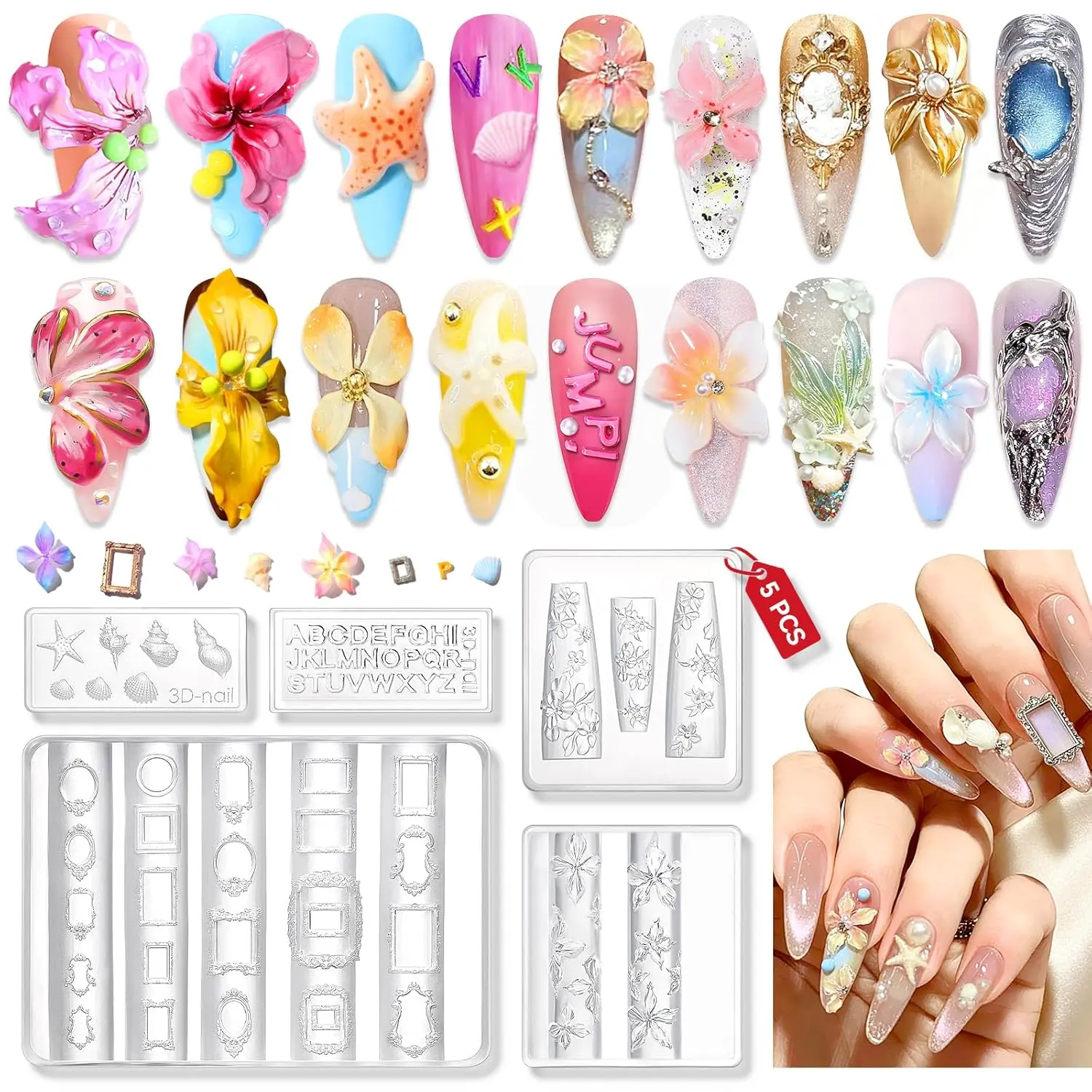 5PCS Quick & Easy 3D Silicone Nail Molds with Flower Shell Letter Mold Reusable Clear Modeling Templates Tools for Fast Sculpting Design Home DIY Nail Art Flower Nails Salon Manicure Pedicure Nail Supplies