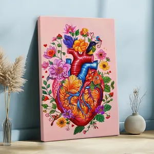 Mexico Wall Art, Mexican Art, Blooming Heart wall art,Pink Wall Decor, Corazon Mexicano Art, Mexico Oil Painting, Wooden Framed Canvas Poster - Framed, Vertical Decor Artwork posters Gifts Ornaments Decoration Artistic Print Room