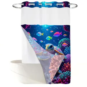 1PC 2D Flat Healing Colorful Sea Turtle Shower Curtain, Coral Reef Tropical Fish Design, Kids Bathroom Curtain (No Hooks)