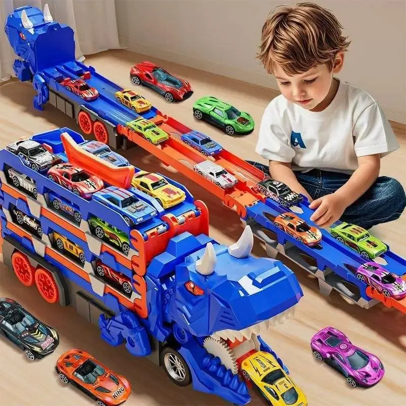 Dinosaur Transport Truck Toy for Kids, 3-in-1 Foldable Race Track with Built in Storage, Swallowing Dino Carrier Playset Comes with 12 Mini Cars, Epic Family Racing Game Birthday Gift for Boys