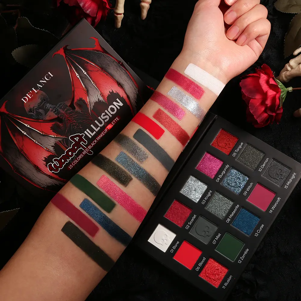 DE'LANCI Warcraft Illusion Eyeshadow Palette, 15 Red & Black Goth Shades with Matte, Glitter & Shimmer Finishes, Highly Pigmented, Hypoallergenic Cosmetic for Smoky & Cosplay Looks, Cosmetic Eyeshadow, Makeup, Beauty Eyeshadows, Matte Shimmer Glitter