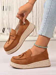 Women's Fall New Matte Thick Sole Round Toe, Brown, Straw Woven Wedge Platform Retro Slip-On Lazy Single Shoes