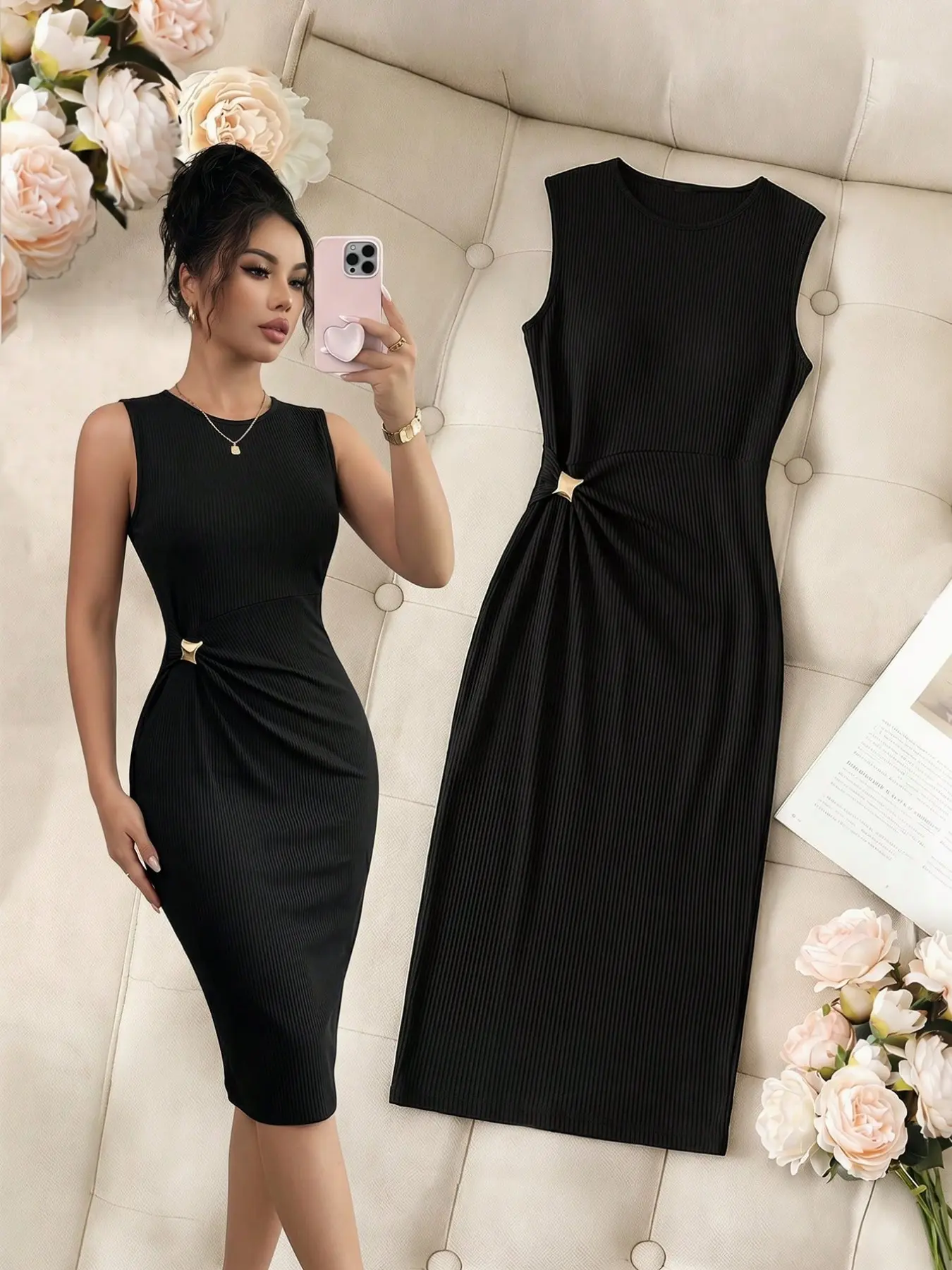 Medium-Length Monochrome Bodycon Women Dress, Elastic Metal Decor, Suitable for Various Occasions, Everyday, Festive Events, Multiple Settings