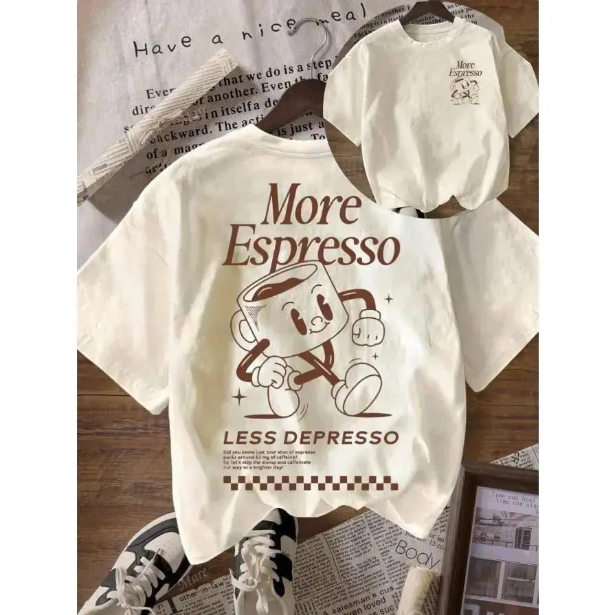Women's Vintage Graphic T-Shirt, Casual Streetwear with 'More Espresso Coffee Club' Print, Round Neck Short Sleeve Sports Top, Tshirt, Casual Sports Tops, 2Xl, Sporty Sports Tops