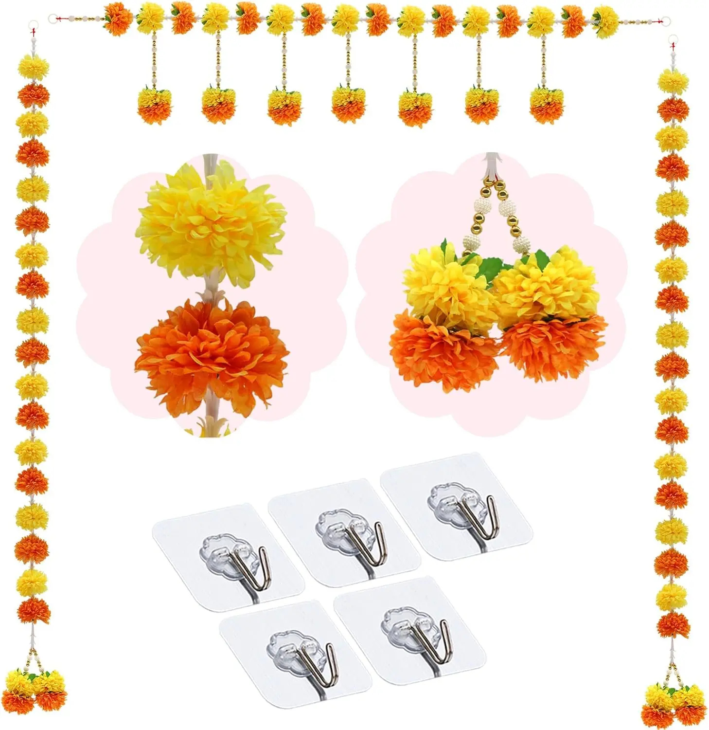 Marigold Flower Garland for Indian Wedding Decor - 3PCS 5FT Artificial Fabric Marigold Toran for Diwali, Ganpati, Pooja, Wedding Party Deepavali Background Decoration Door Entrance Wall Hanging