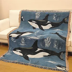 Whale Pattern Blanket, Bohemian Style Woven Blanket with Tassel, Soft Warm Throw Blanket for Home Sofa Bed, Bedroom Refresh Decor, Happy Blanket Gifts