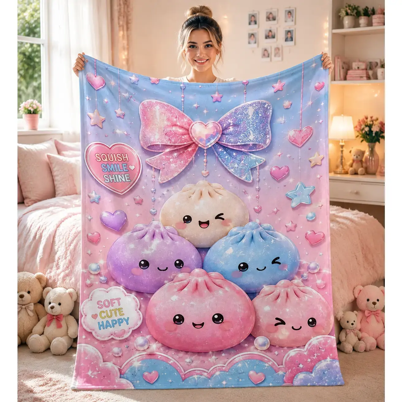 Ultra Soft Kawaii Squish Dumpling Galaxy Bow Flannel Throw Blanket - Anime-Themed, Pastel Pink Blue Star Heart Print, All-Season Indoor Use for Bed, Couch, Trendy Birthday Gift