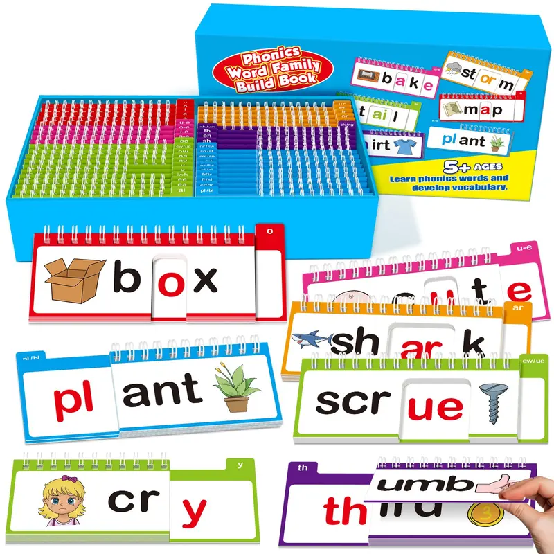 Kasfalci 40 Phonics Flash Cards & Read and Rhyme Mini Books - Interactive Games, Letters, Playful, Screen-Free Flash Cards for Preschool Learning Activities, Word Family Building Educational Toys, Interactive Games Flash Cards