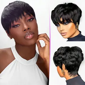 ShowReal 036 Short Pixie Cut Wigs Short Straight Brazilian Human Hair Wigs With Bangs Ready To Go Natural Black Burgundy Color Full Machine Made Wig