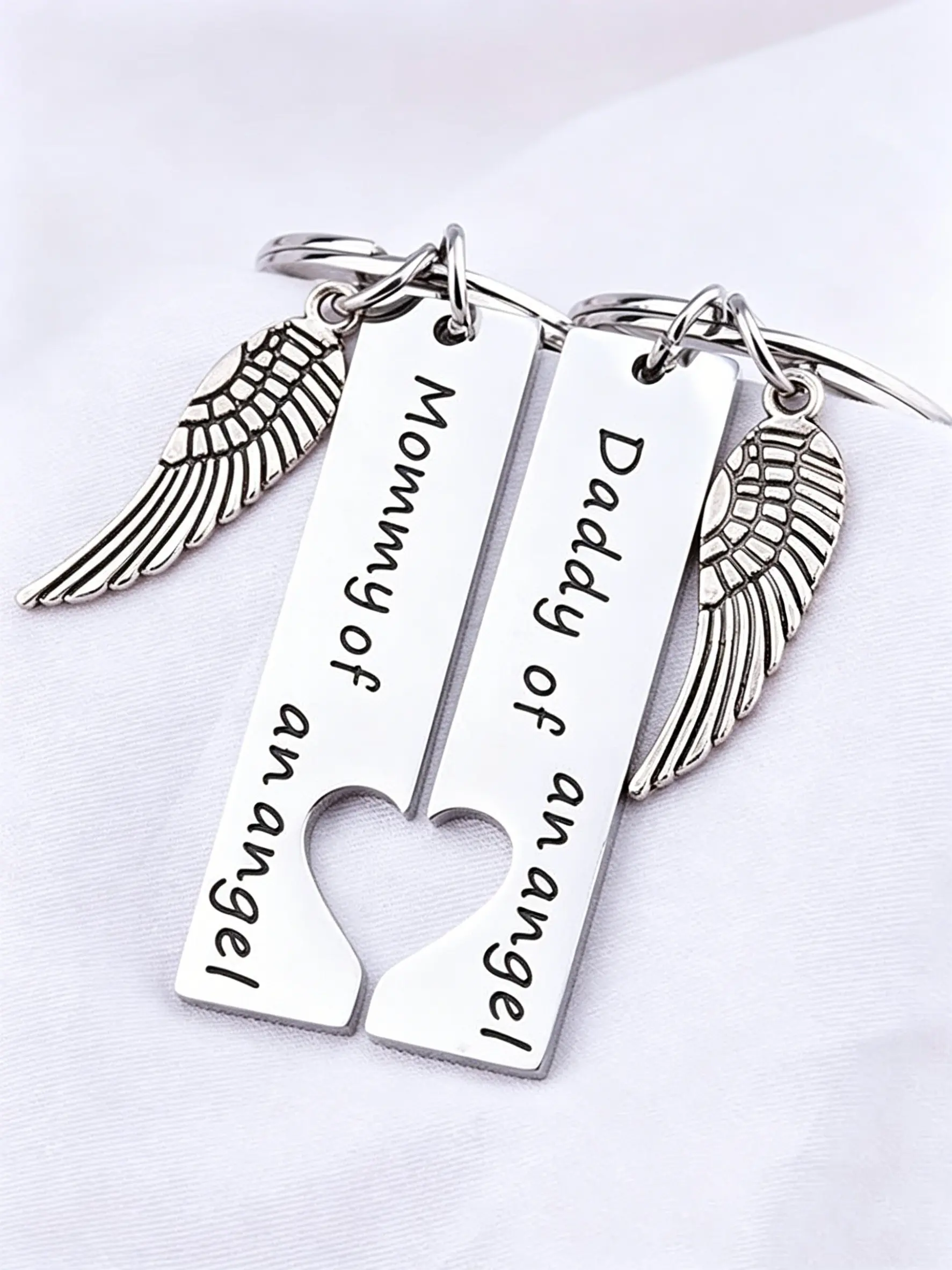 Miscarriage Comfort Gift for Couples, Mommy & Daddy of an Angel Stainless Steel Keychain Set with Design, Keyrings, Pregnancy Loss Remembrance Keepsake, Sympathy Present for Grieving Parents, Angel Wing Memorial Jewelry for Baby Loss, Key Accessories