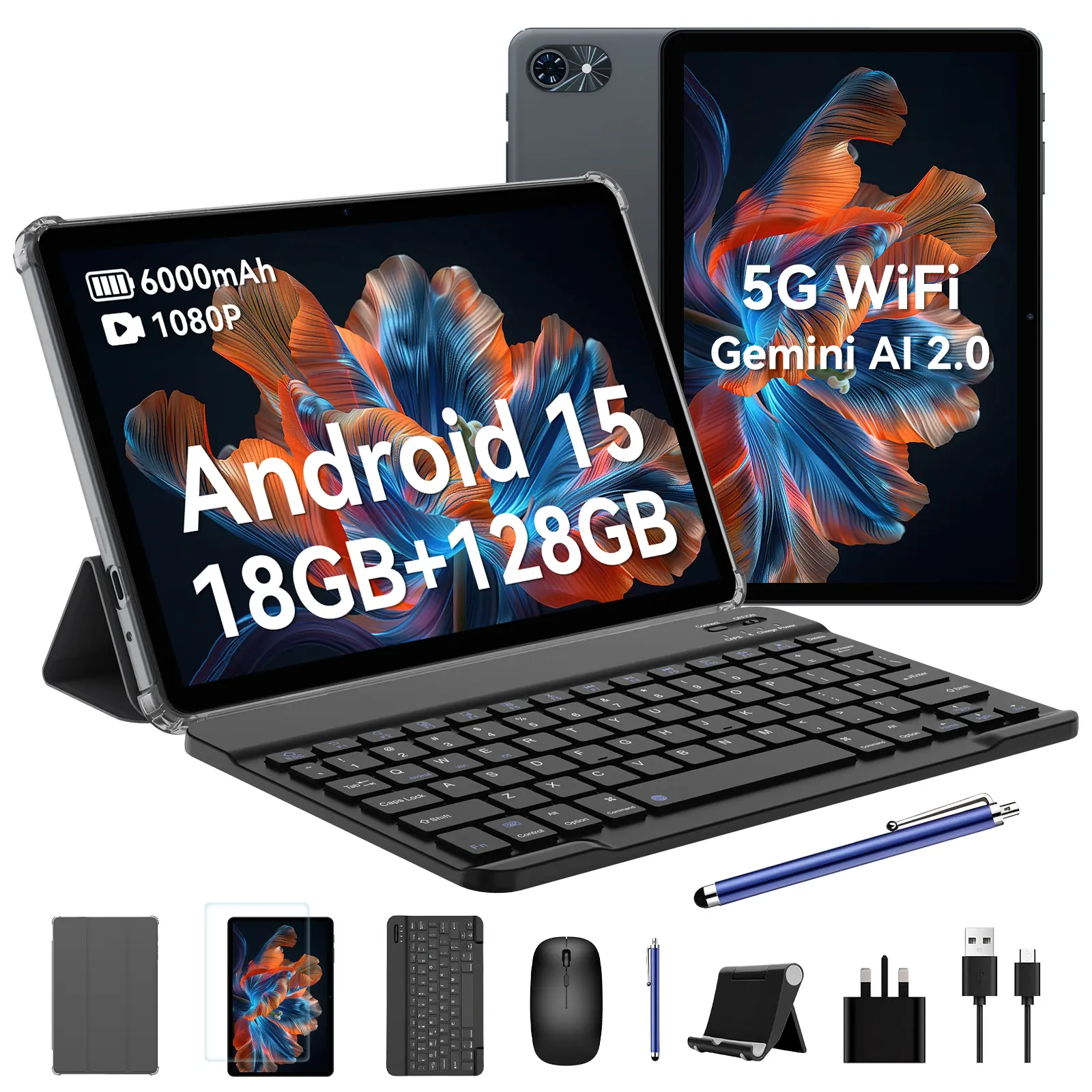 10inch Tablet Android 15, 18GB+128GB/2TB, 6000mAh, 1080P, 5G WiFi, Bluetooth5.0, GPS, OTG, 2 Speaker, 8 in 1 Tablets with Keyboard Pen, Suitable for Study, Office Chip Screen