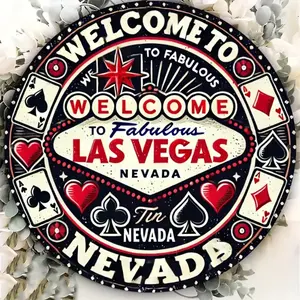 Vintage Las Vegas Nevada Metal Wall Decor, Retro Poker Round Decoration with Cards & Dice, Home Bar Cafe Art, Perfect for Poker Parties, Vintage Metal Sign, Decor Signs
