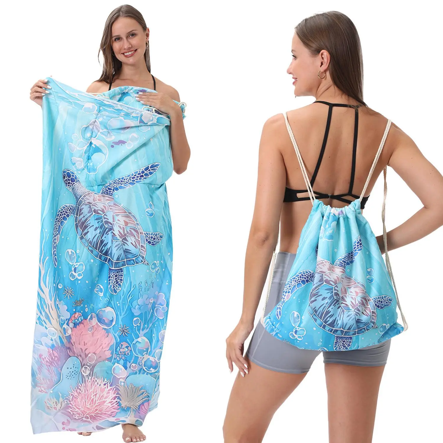 2-IN-1 BEACH TOWEL THAT TURNS INTO A BAG?! Stopped hauling a messy towel + separate bag to the beach/pool—this one wraps me up AND holds my stuff (with that cute sea turtle/coral print!!)Vacay days just got 10x easier  #BeachEssentials #2In1Towel