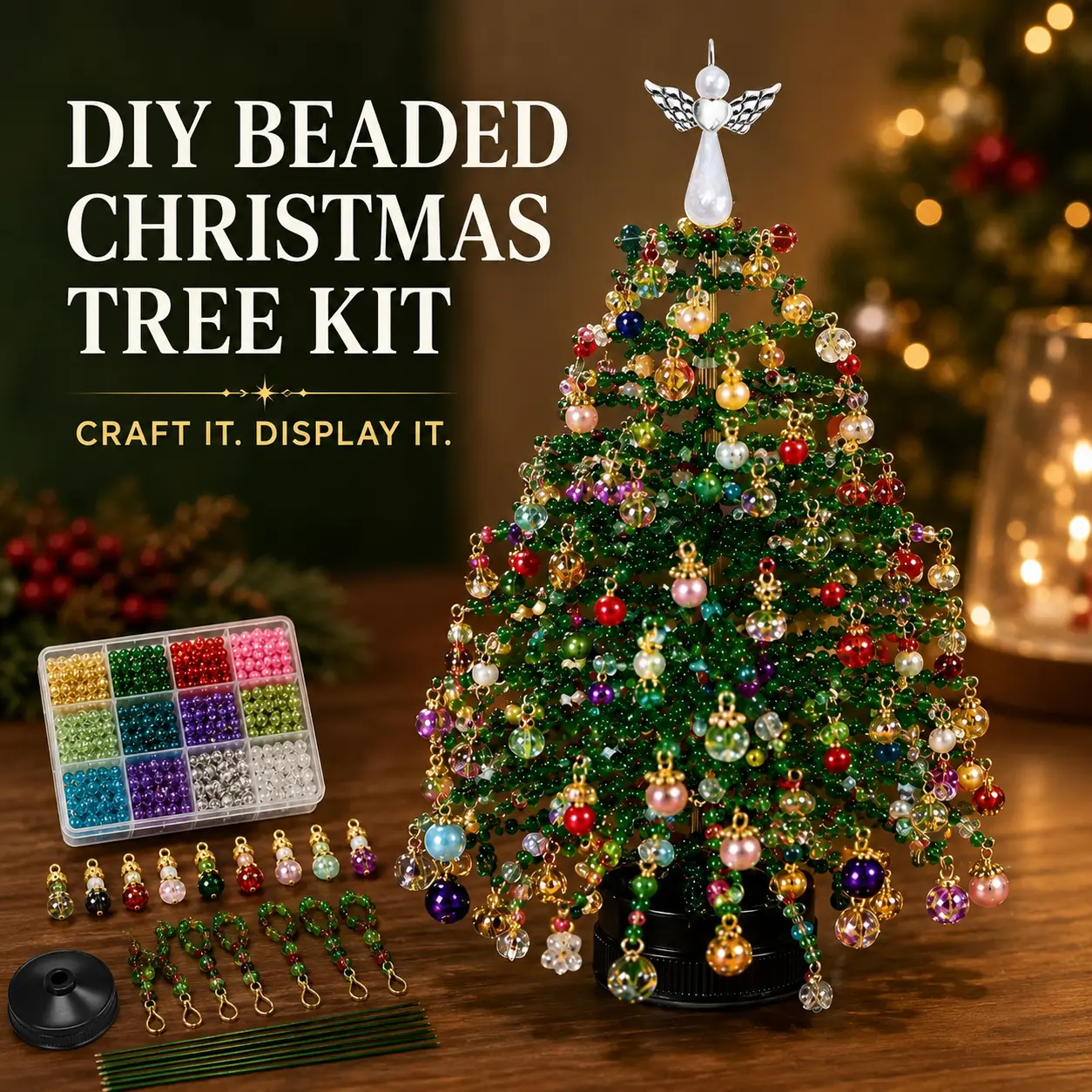 DIY Beaded Christmas Tree Kit, Mini Tabletop Holiday Decor Craft with Colorful Beads, Hanging Ornaments, Angel Topper & Black Base