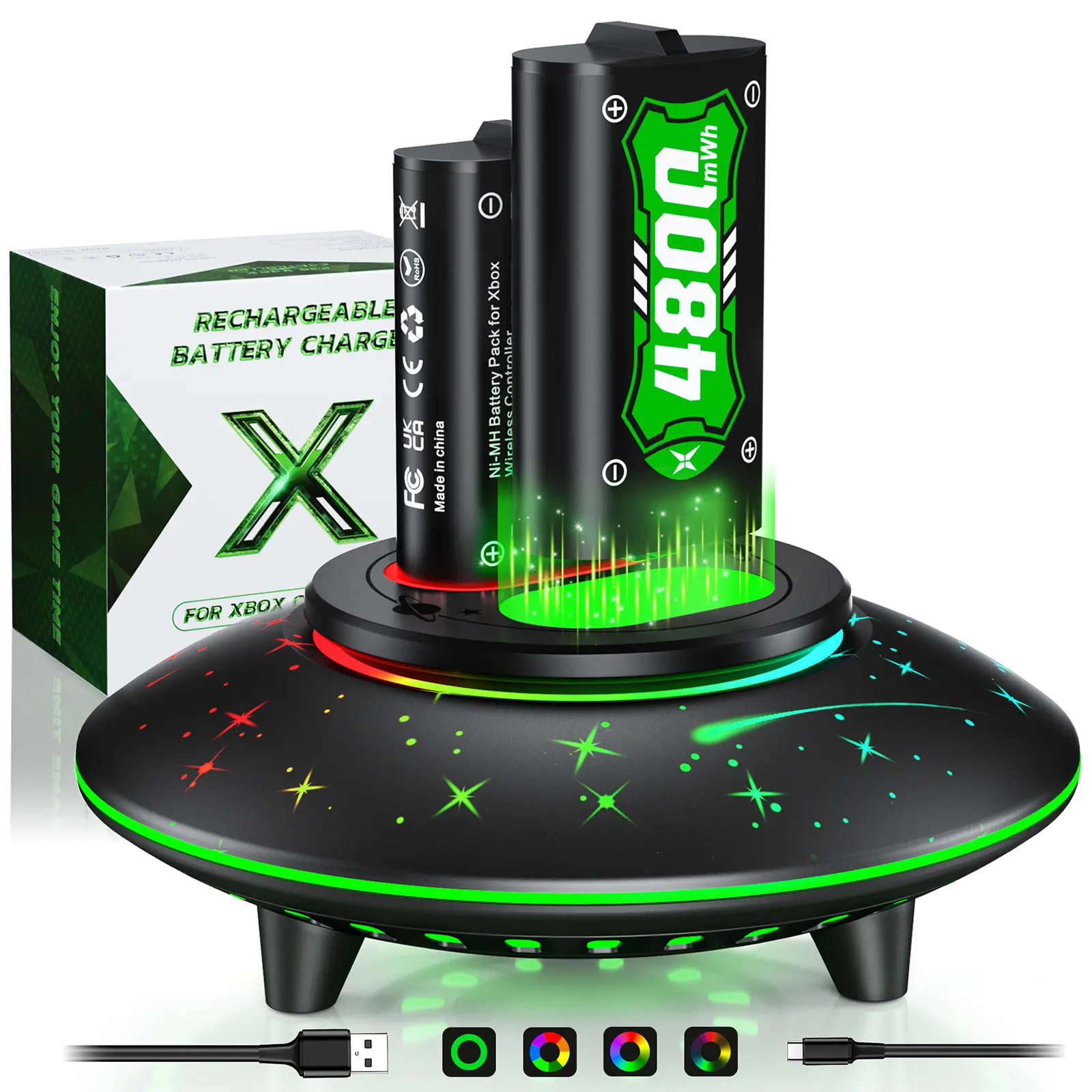 Ponkor Galaxy Xbox Controller Rechargeable Battery Packs (4×4800mWh) with Fast Charging Dock, Compatible with Xbox One, Series X|S, High-Capacity, Long-Lasting, LED Glow, Overheat Protection  Console