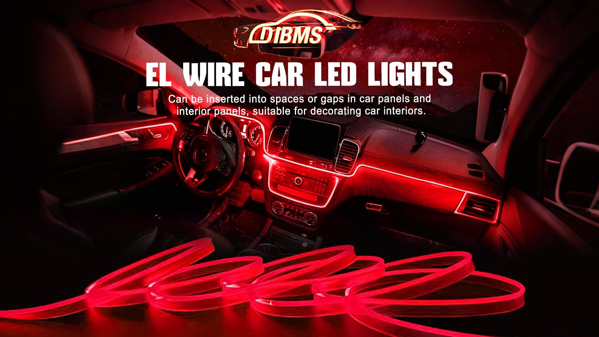DIBMS EL Wire Interior Car LED Strip Lights, USB Neon Glowing Strobing Electroluminescent Wire Lights with 6mm Sewing Edge, Ambient Lighting Kits for Cars Garden Decorations, USB Powered Car Interior Fiber Light (5M/16.5FT, Red) Car Door Led