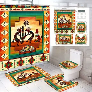 1/4pcs Southwestern Native American Art Bathroom Set - Shower Curtain with Kokopelli Cactus Dog Pattern + 3 Coordinating Accessories (Rectangular Bath Mat, Toilet Lid Mat, Corner Rug) - Vibrant Red Green Orange Yellow Black, Perfect for Thanksgivin