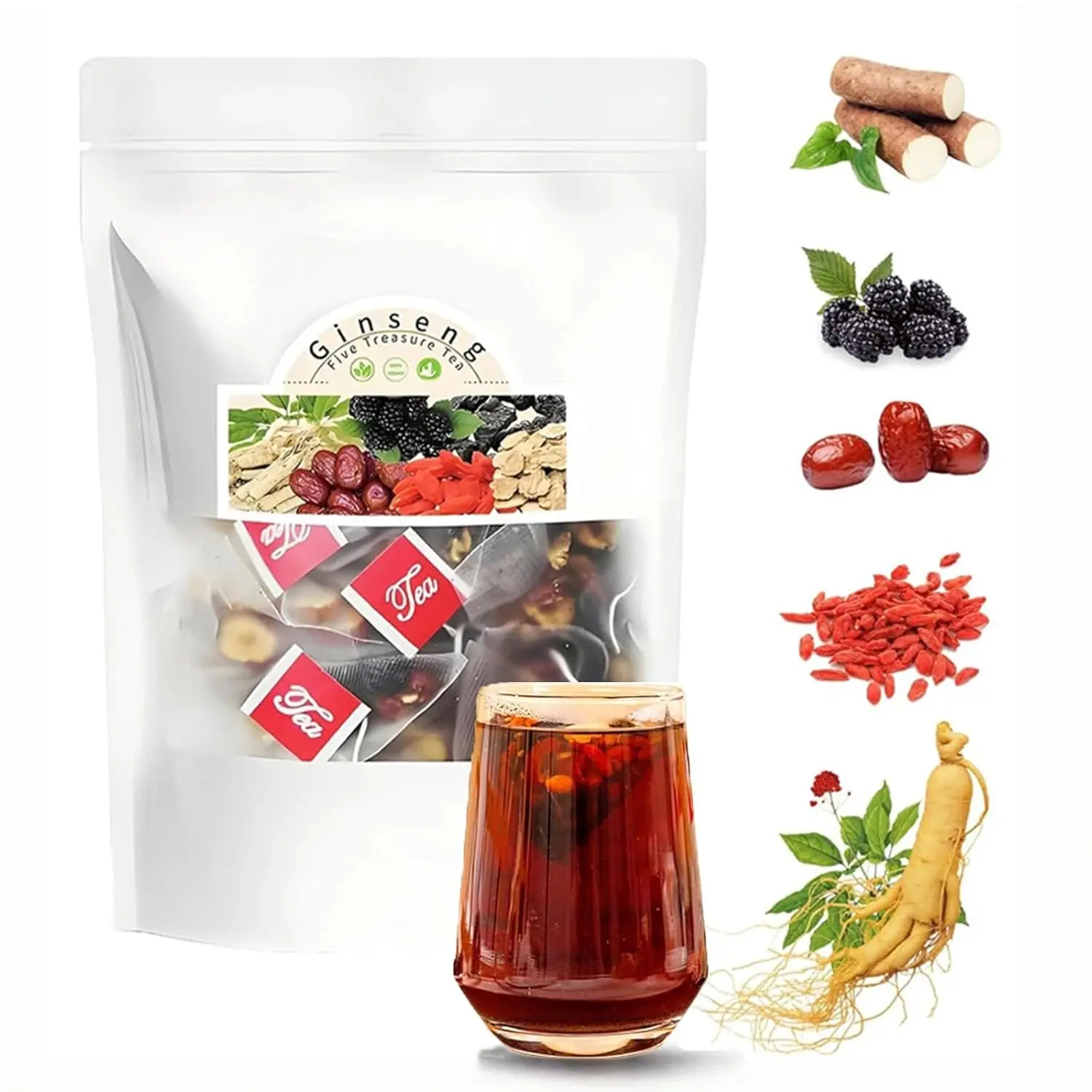 [Leaf Pop] Men's Herbal Health Tea, Kidney Support Blend with Ginseng 5-Treasure, Red Date, Wolfberry, Mulberry & 8-Treasure Scented Formula (20 Bags)