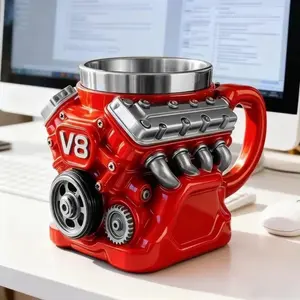 V8 Engine Coffee Mug, Shiny Stainless Steel Inner, Durable Reusable Car Office Water Cup, Resin Outer, Hand Wash Only