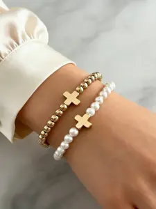 Layering Cross Bracelet Set for Women, Vintage Pearl & Copper Bead Stretch Bracelets, Boho Style Bracelet, Stackable Boho Christian Gift for Graduation, Summer Festival, Christmas, Daily Jewelry, Pearl Beaded Bracelet
