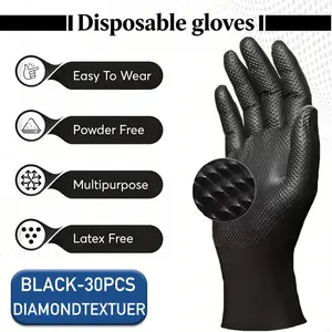 30pcs/bag, black diamond texture gloves, disposable gloves, Multi Purpose Glove, Durable Cleaning Gloves, raised diamond texture, powder and latex-free, suitable for kitchen, bathroom, toilet, car and outdoor cleaning use