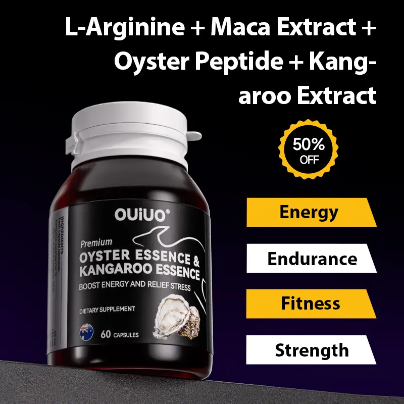 OUIUO 7-in-1 Nitric Oxide Amino Acid Dietary Booster - L-Arginine, Maca Extract, Oyster Peptides, Kangaroo Extract, Niacin, Zinc Selenium, Vitamins - 60 Capsules, Blood Flow Supplements, Essential Minerals Supplement, Athletic Adults Metabolism Support