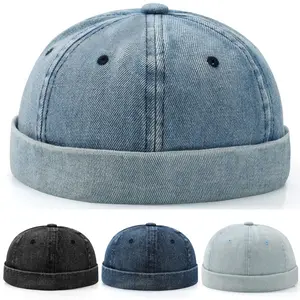 Black Cap Denim Washed Cotton Brimless Hats for Men Adjustable Docker Hat Casual No Brim Hat Visor-Less Flip Hat Sailor Skullcap