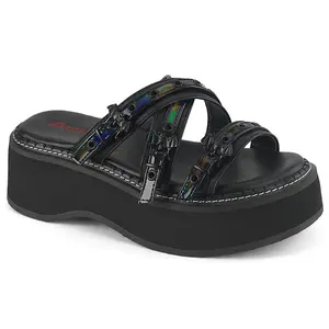 Demonia Emily-07 Black Vegan Leather-Holo Patent Sandals