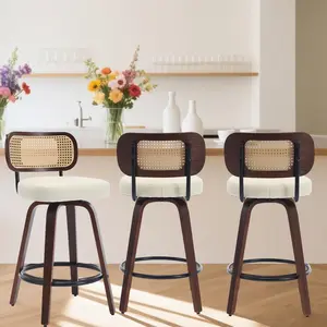 Set of 3 Counter Height Bar Stools, 26 inch Rattan Counter Height Stools with Cane Back, Upholstered Seat, Walnut Craftsmanship, Swivel Counter Stools for Island/Kitchen/Counter/Bar (Walnut /Beige)