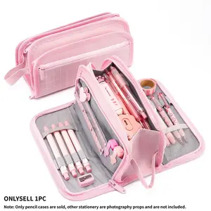 Large Capacity Handheld Pencil Case, Grid Stripe and Transparent Window Options, Multi-Layer Zip Design, Student Stationery Organizer Bag, Stationery Office Supplies