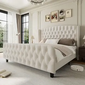51 in Tall Queen Size Bed Frame with Deep Button Tufted Wingback Headboard and Footboard,Velvet Upholstered Platform Bed Frame,No Box Spring Needed,Easy Assemble,White