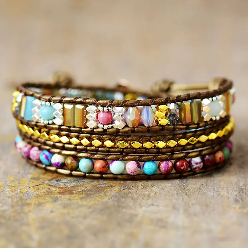 Sea Sediment Jasper Bracelet, Handmade 3-Loop Leather Wrap Bangle with Heart Charm, Exquisite Bohemian Style with Swirling Hues, Adjustable Unisex Fit, Bracelet With Charms, Elegant Bangle, Exquisite Bangle