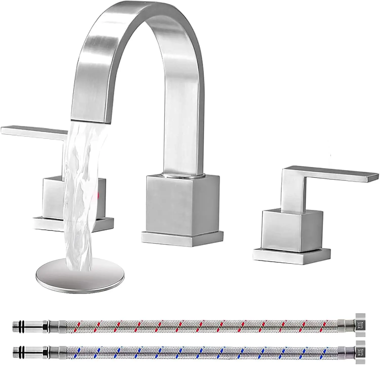 3 Hole Widespread Brushed Nickel Bathroom Faucet,Modern Waterfall 8 inch 2 Handle Bathroom Sink Faucet Vanity Bathroom Faucet for Sink 3 Hole with Pop Up Drain and Water  Lines