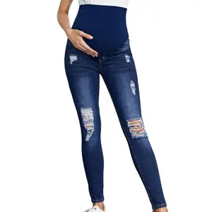 Elegant Maternity Denim Jeans with High Waist and Belly Support Ripped Design Perfect Slim Fit Stretch Pants for Spring Pants womenswear Pregnant