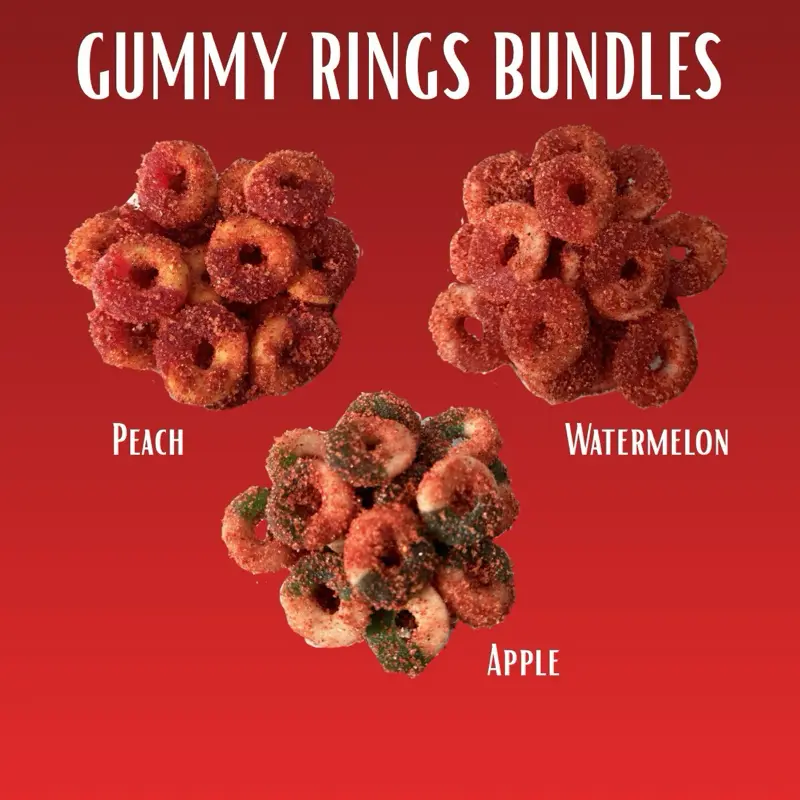 Gummy Ring Bundles - Apple, Peach, Watermelon Flavors - 8oz Fruit Gummy Rings Snack