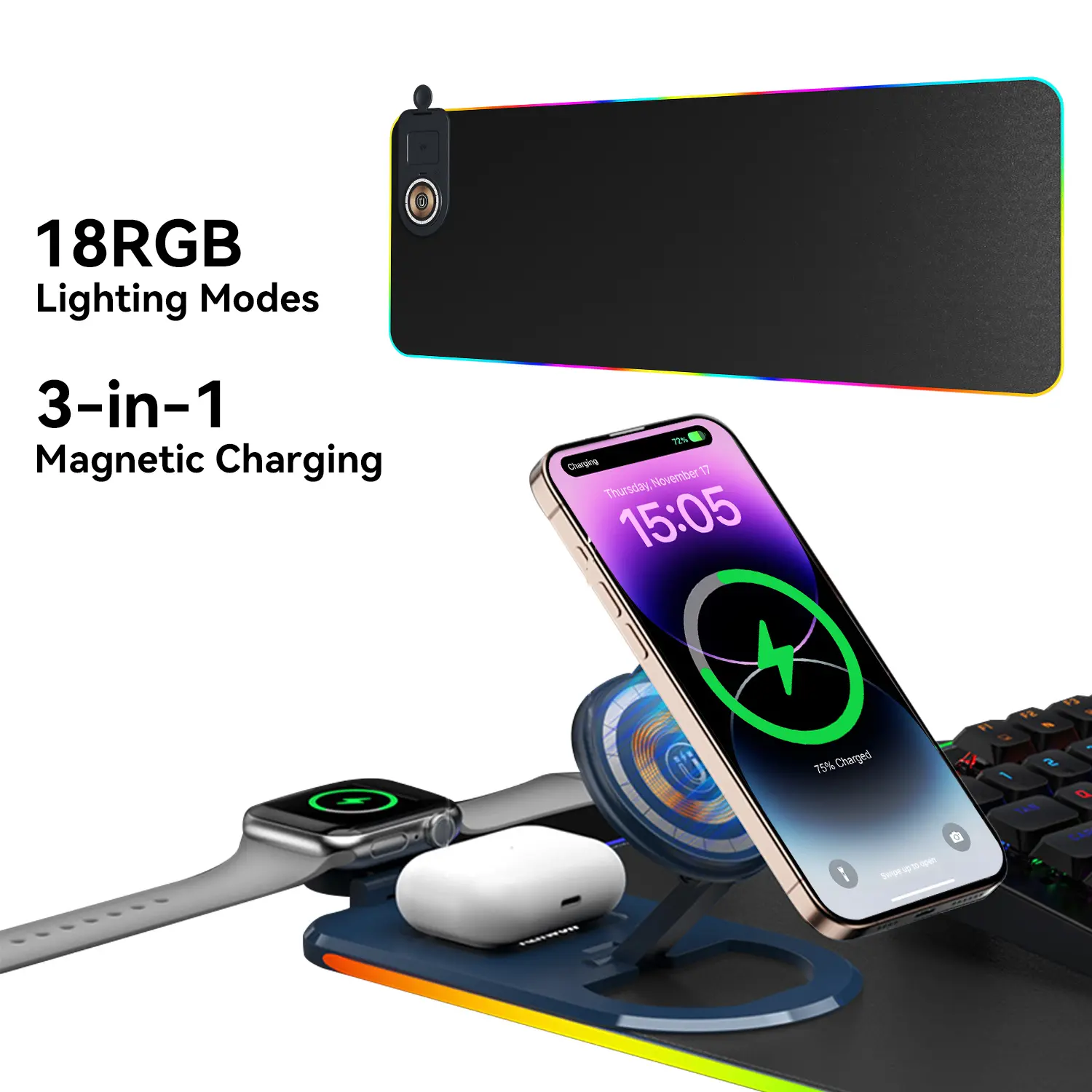 RGB Mousepad 4-in-1 Wireless Charger - PU Leather Knitted XL Size (31.5×11.8in) Extended Desk Mat, RGB Lights, Phone/Watch/Earbuds Charging, Gaming Accessory for Gaming Stuff