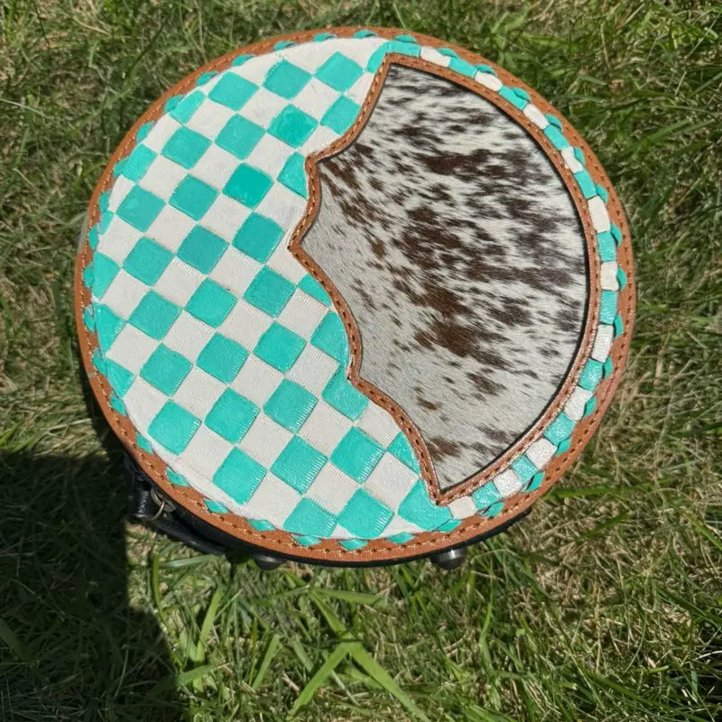 Genuine hand painted leather & cowhide MEDIM SIZED crossbody canteen bag- turquoise checkered with cowhide