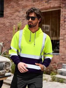 Men's Reflective Wool Hoodie Jacket with Glow Strips, Multi-Pocket Design, Windproof Warm Hooded Pullover for Construction and Outdoor Safety