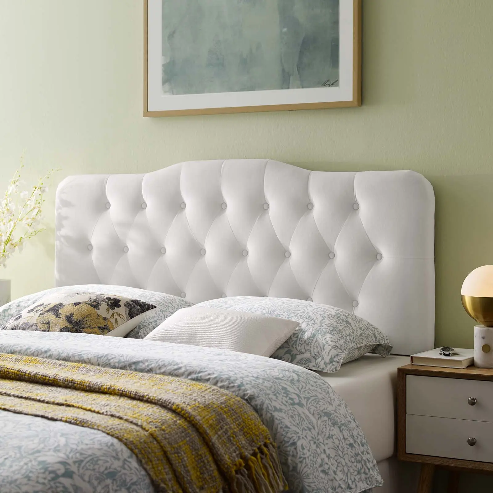 Modway Annabel Modern Full-Size Sturdy Curved Design Headboard, Diamond Tufted Performance Velvet, White - Luxury Modern Bedroom Furniture Headboards