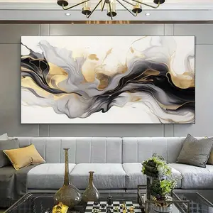 1 framed canvas painting - modern abstract canvas art - ink painting with gold and black on canvas, horizontal design, suitable for living room, bedroom, office decoration Ornaments Artistic Wall Photo