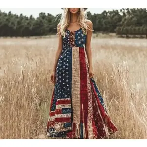 Women's Retro Independence Day Patch Art Line Dress with American Flag Printed Dress and Casual PolyesterRAIMENTRY