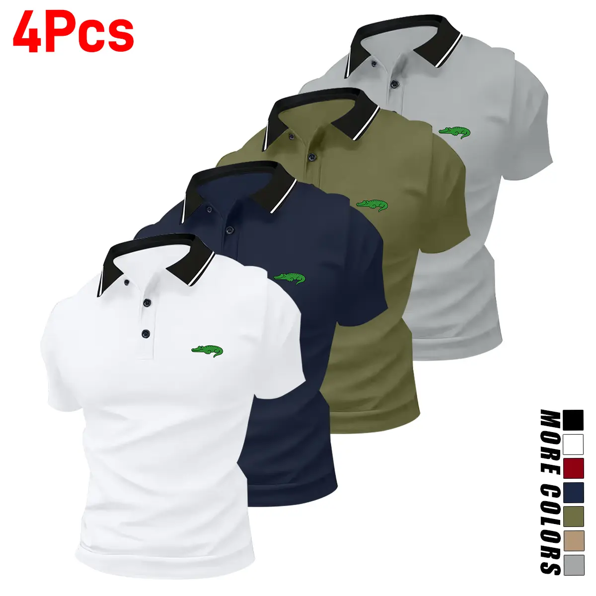 4-pack men’s fashion polo shirts; casual solid-color and printed polos; comfortable, versatile fabric; regular fit; button closure; stylish menswear; turn-down collar golf shirts; pullover business tops for tennis training