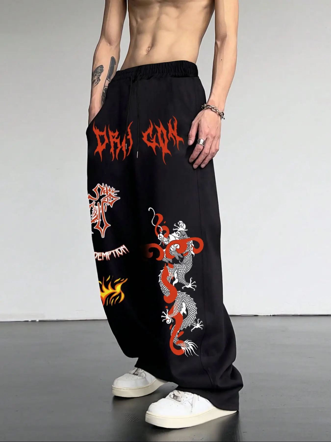 Men's Casual Sport Pants, Cross & Dragon Pattern Print, Drawstring Wide Leg, All Seasons Loose Fit, Men's Fashion Long Pants, Athleisure Style Bottoms, Sports Casual Pants, Loose Athletic Trousers, Athleisure Design