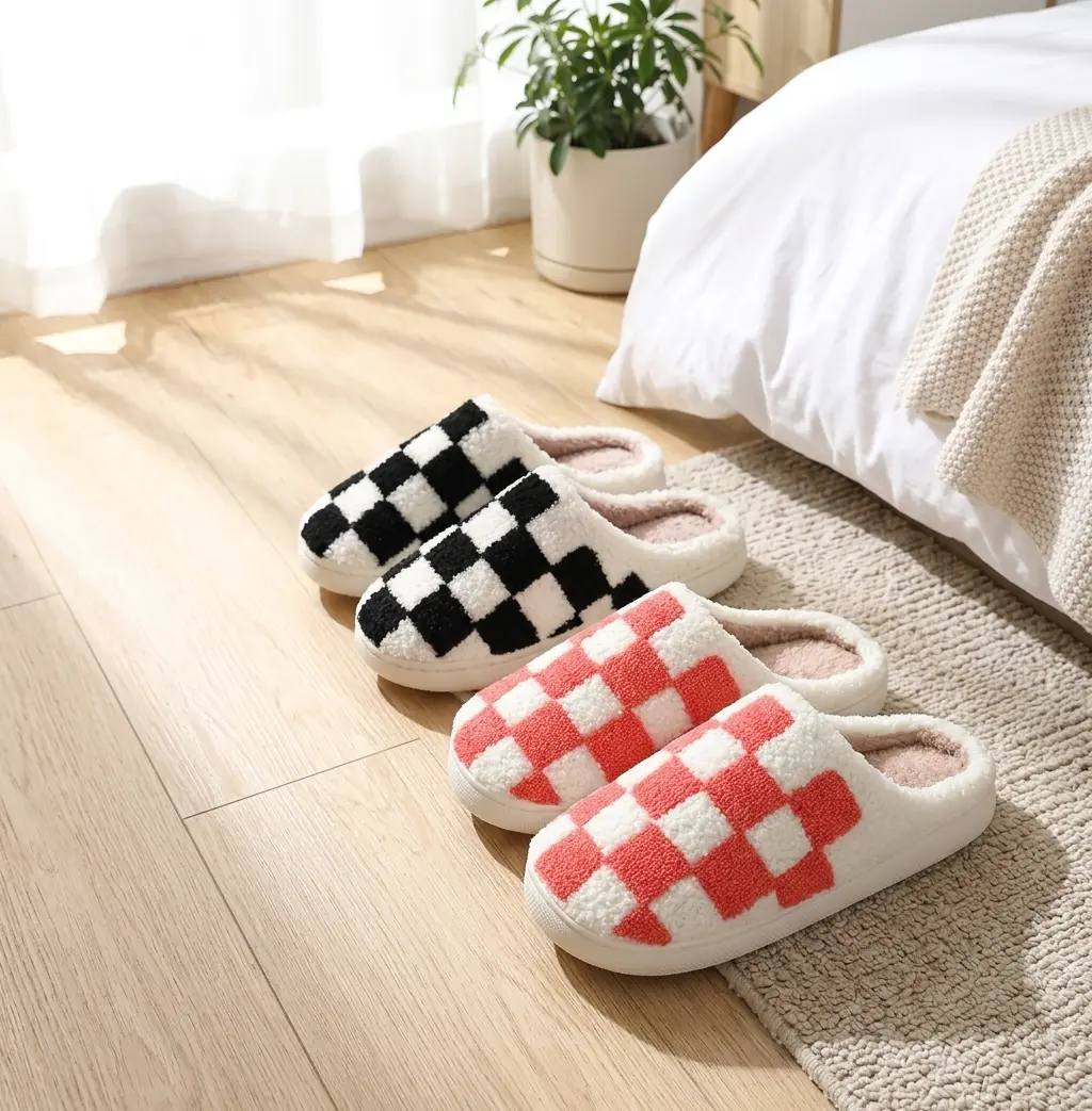 Women's Checkered Fuzzy Slide Slippers, Open-Toe Casual Home Slippers with Thick, Soft, Warm, Non-Slip Soles for Indoor Wear, Indoor Shoes, Polyester, Plush, Slip On, All Seasons, Checked, Chic, Couples, Cushioned