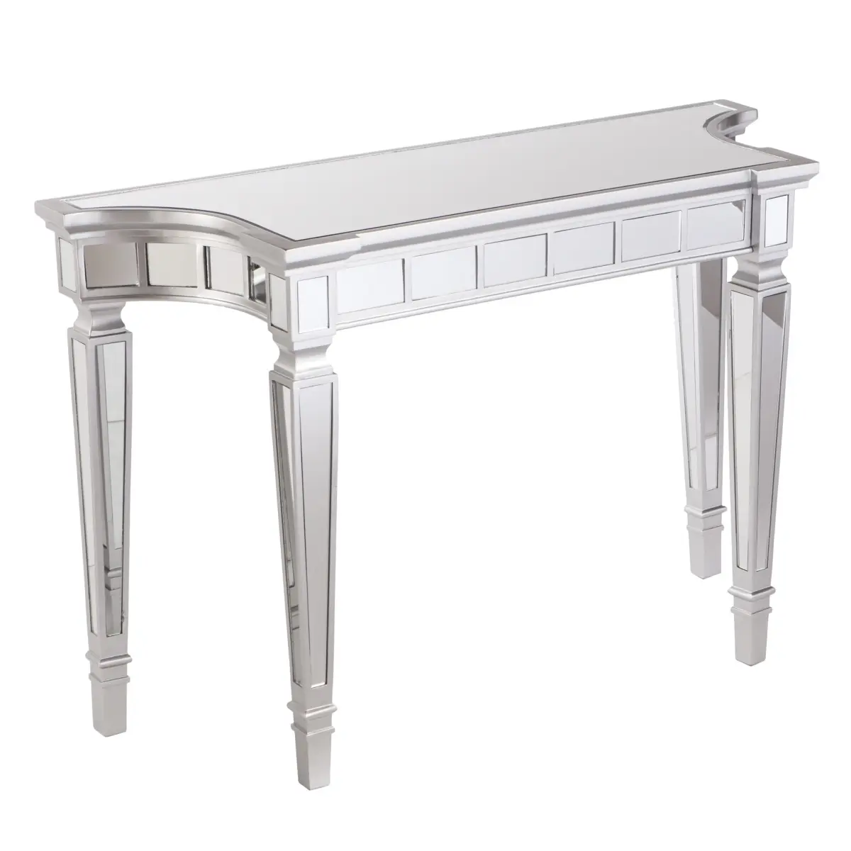 360 Stand 45 in. Free-Form Mirrored Surface Console Table, Silver, Glass Top, 4 Legs