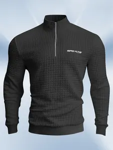 Men'S High-Neck Sweatshirt with Half Zipper for Sports, Featuring a Small Checkered Pattern, Suitable for Fitness And Running, with Long Sleeves And Ribbed Cuffs.