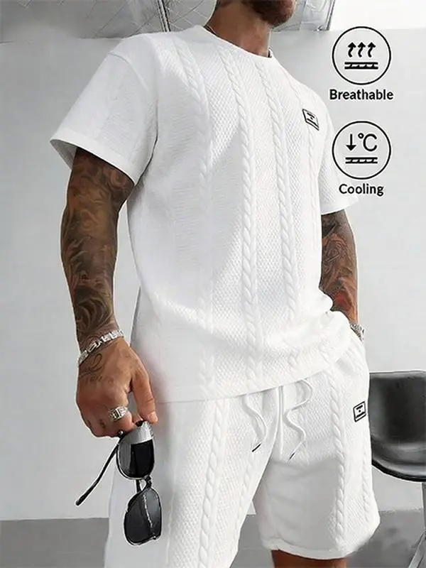 Men’s fashion casual set featuring textured design, an adjustable drawstring waist, embroidered details, suitable for everyday wear, and ideal as a gift for others.