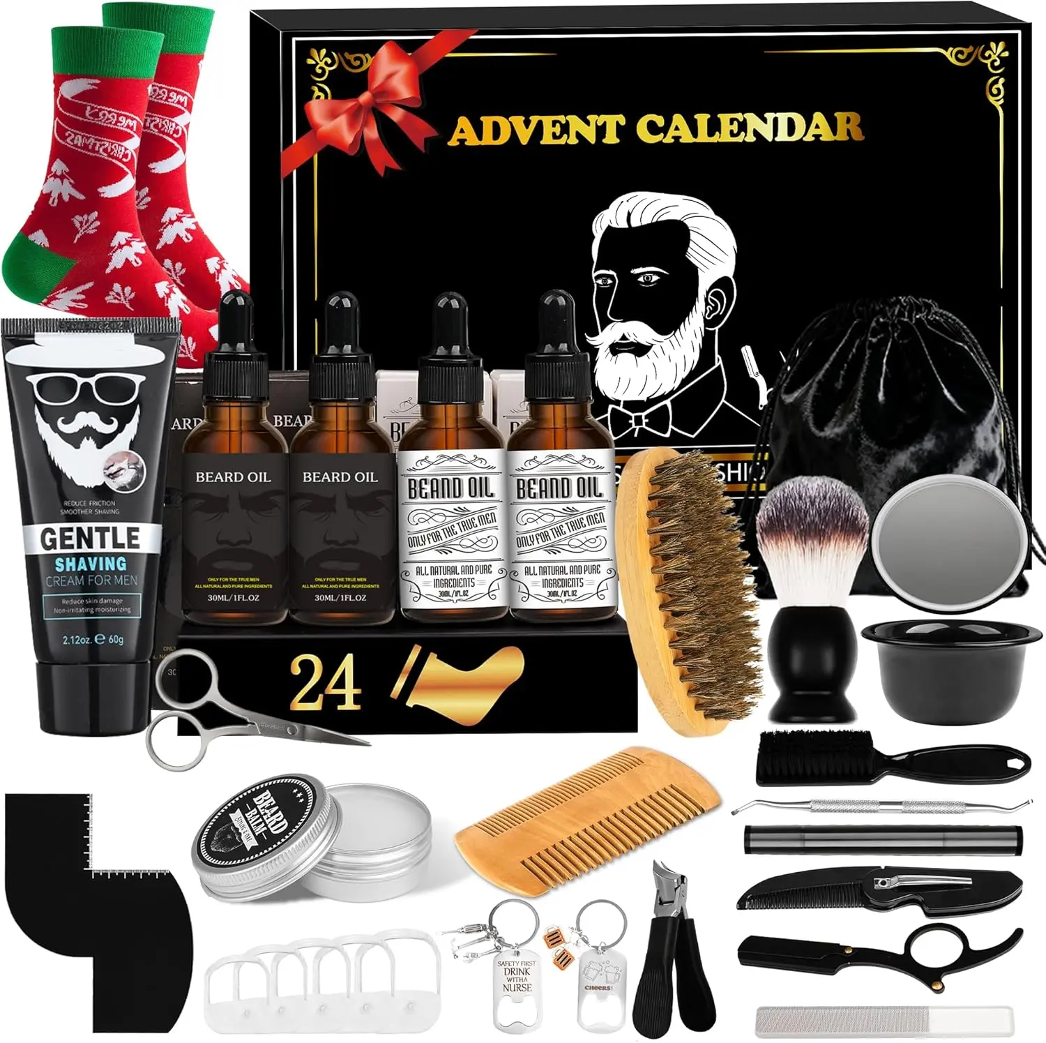 Men's 2025 24-Day Advent Calendar Beard Care Set with Oils, Balm, Tools & Brushes – Christmas Gift for Him (Dad, Grandpa, Husband, Boyfriend) Xmas Surprise, Beard Balm